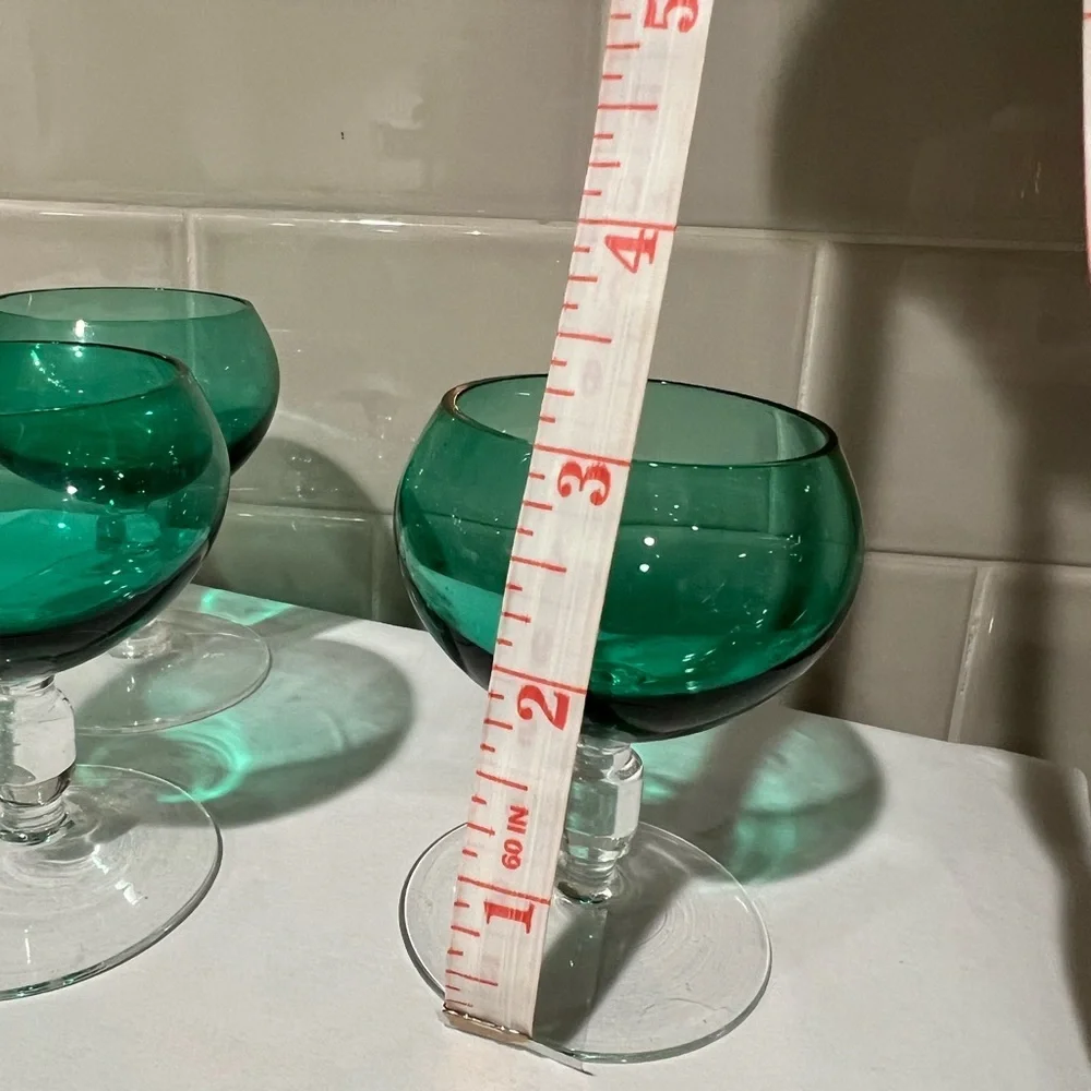 Mid century, Green glass, A lot of 4, clear stem small shot/ sip glasses